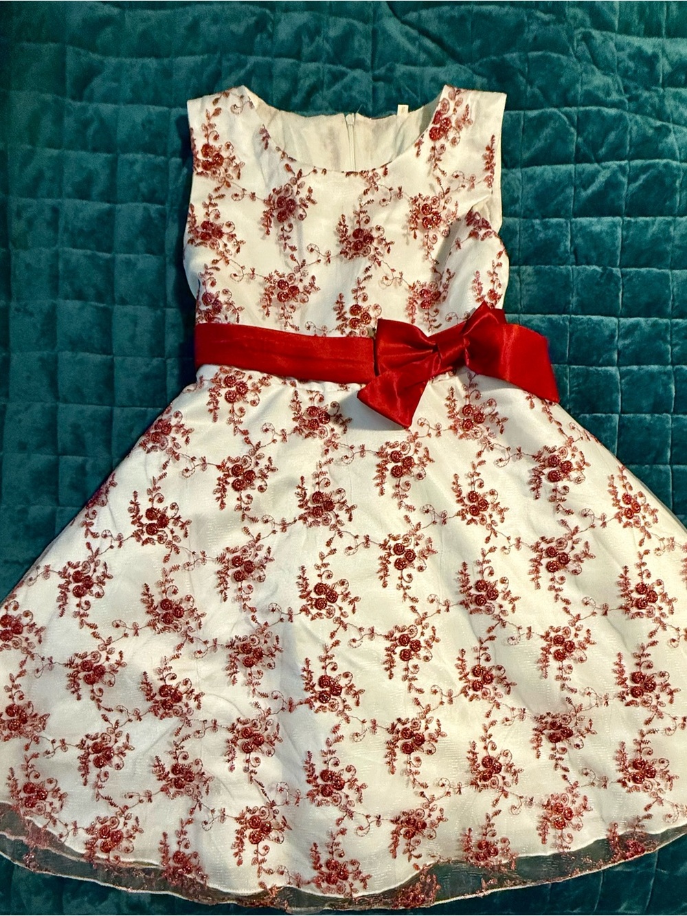 White and Red Floral Bow Party Dress for Girls